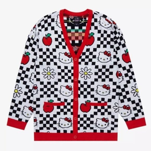 Hello Kitty Sweaters - Hello Kitty Red & Black Checkered Apple & Daisies Cardigan